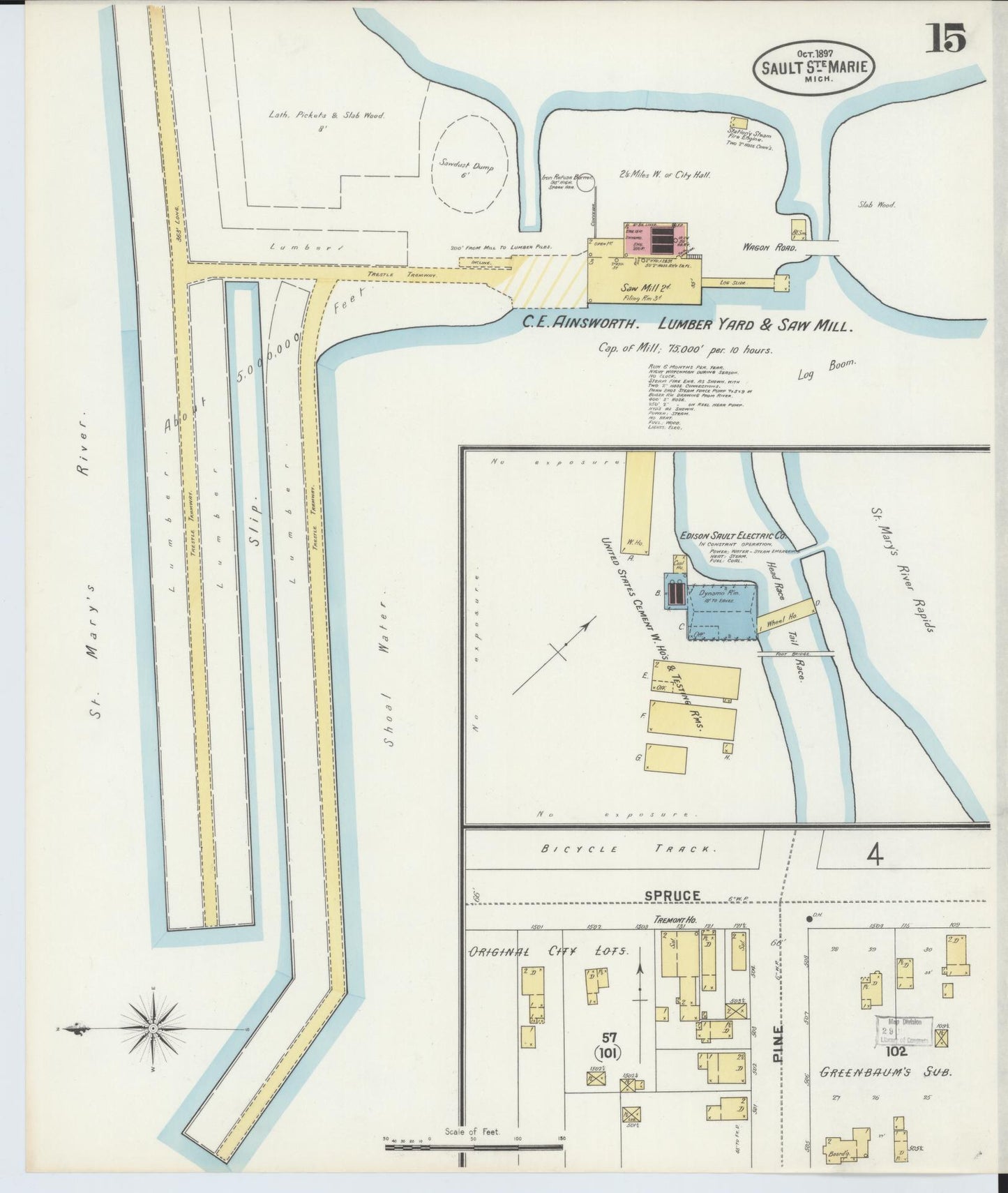 Sanborn Fire Insurance Map from Sault Sainte Marie, Chippewa County, Michigan (1897), Sheet #0015 - Historic Sanborn Fire Insurance Map Print, vintage old map wall art, antique decor, genealogy gift, Michigan Michigan map
