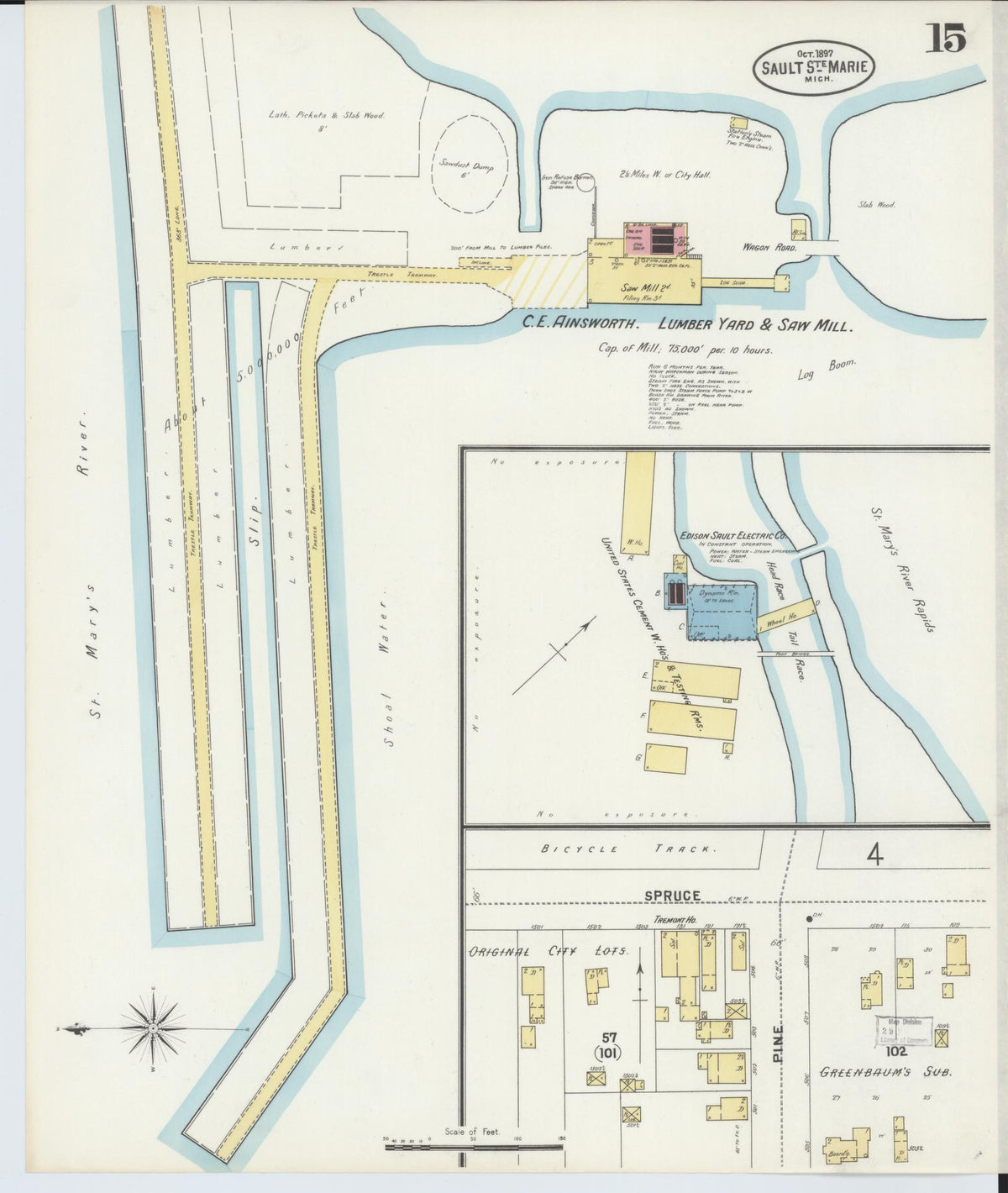 Sanborn Fire Insurance Map from Sault Sainte Marie, Chippewa County, Michigan (1897), Sheet #0015 - Historic Sanborn Fire Insurance Map Print, vintage old map wall art, antique decor, genealogy gift, Michigan Michigan map