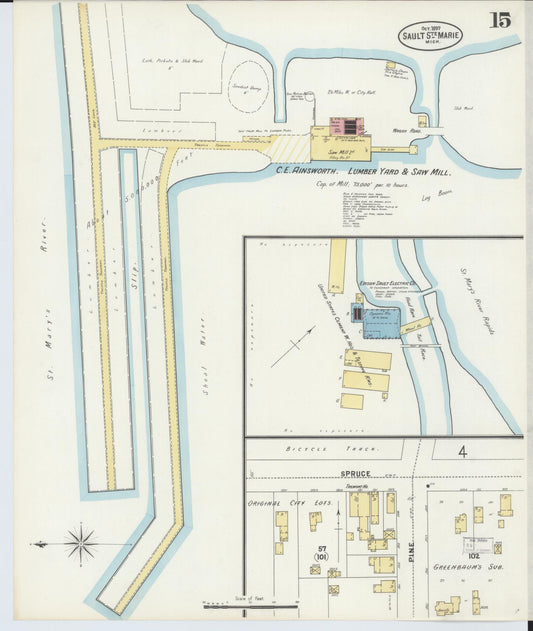 Sanborn Fire Insurance Map from Sault Sainte Marie, Chippewa County, Michigan (1897), Sheet #0015 - Historic Sanborn Fire Insurance Map Print, vintage old map wall art, antique decor, genealogy gift, Michigan Michigan map