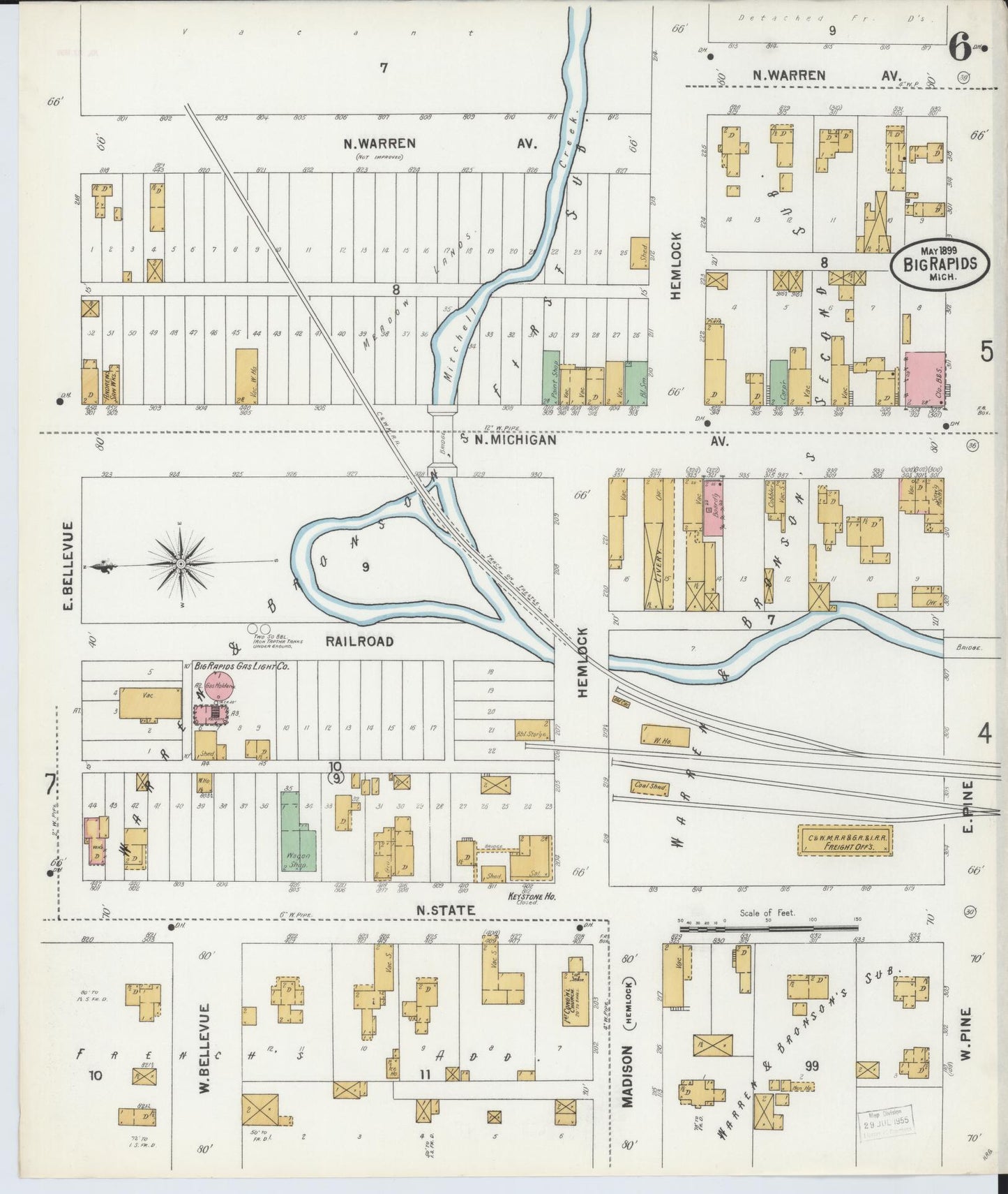 Sanborn Fire Insurance Map from Big Rapids, Mecosta County, Michigan (1899), Sheet #0006 - Complete Map Set gallery image, historic Sanborn map, vintage wall art, Michigan Michigan