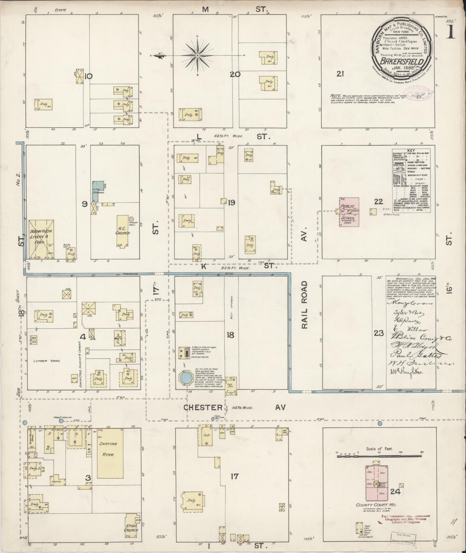 Sanborn Fire Insurance Map from Bakersfield, Kern County, California (1888), Sheet #0001 - Historic Sanborn Fire Insurance Map Print, vintage old map wall art, antique decor, genealogy gift, California California map