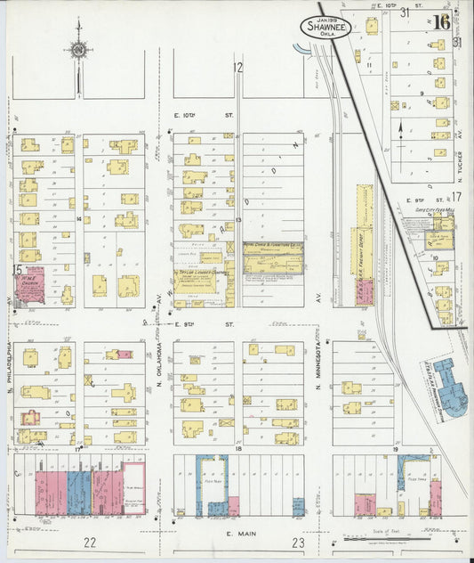 Sanborn Fire Insurance Map from Shawnee, Pottawatomie County, Oklahoma (1919), Sheet #0016 - Historic Sanborn Fire Insurance Map Print, vintage old map wall art, antique decor, genealogy gift, Oklahoma Oklahoma map
