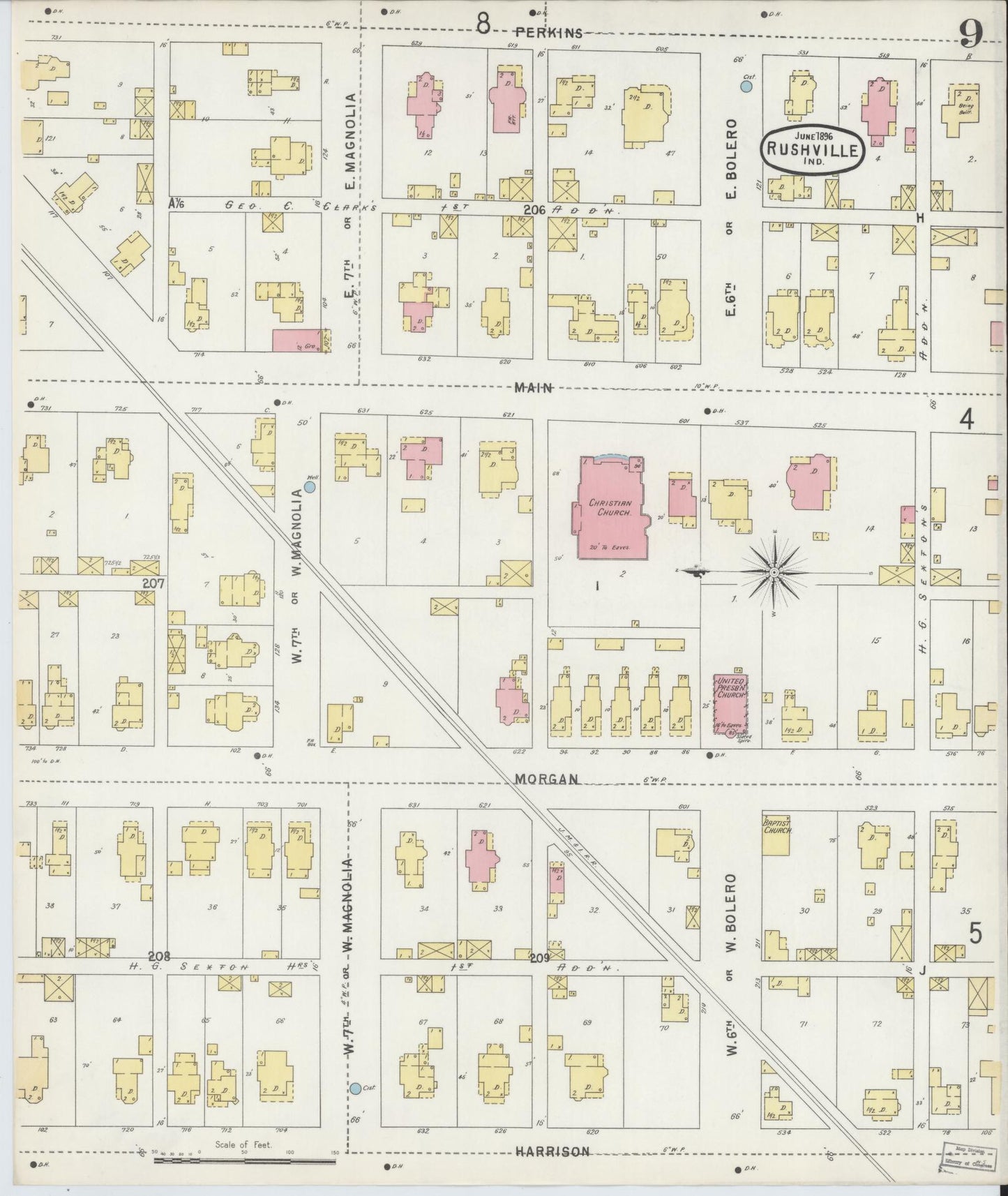 Sanborn Fire Insurance Map from Rushville, Rush County, Indiana (1896), Sheet #0009 - Historic Sanborn Fire Insurance Map Print, vintage old map wall art, antique decor, genealogy gift, Indiana Indiana map