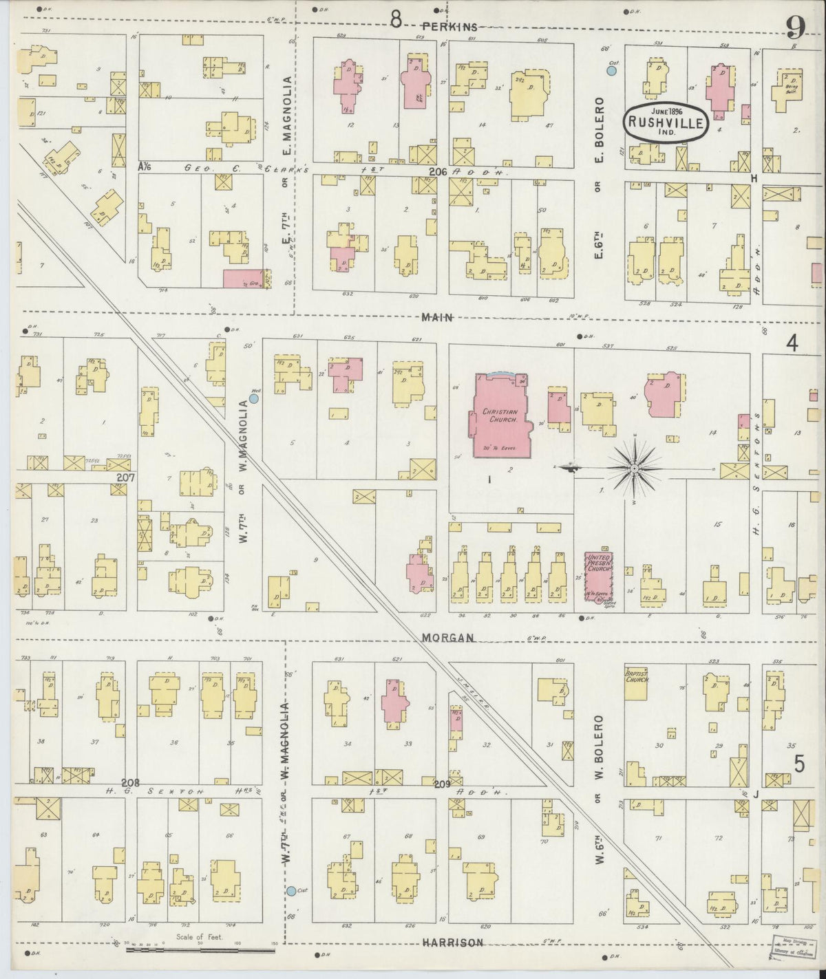 Sanborn Fire Insurance Map from Rushville, Rush County, Indiana (1896), Sheet #0009 - Historic Sanborn Fire Insurance Map Print, vintage old map wall art, antique decor, genealogy gift, Indiana Indiana map