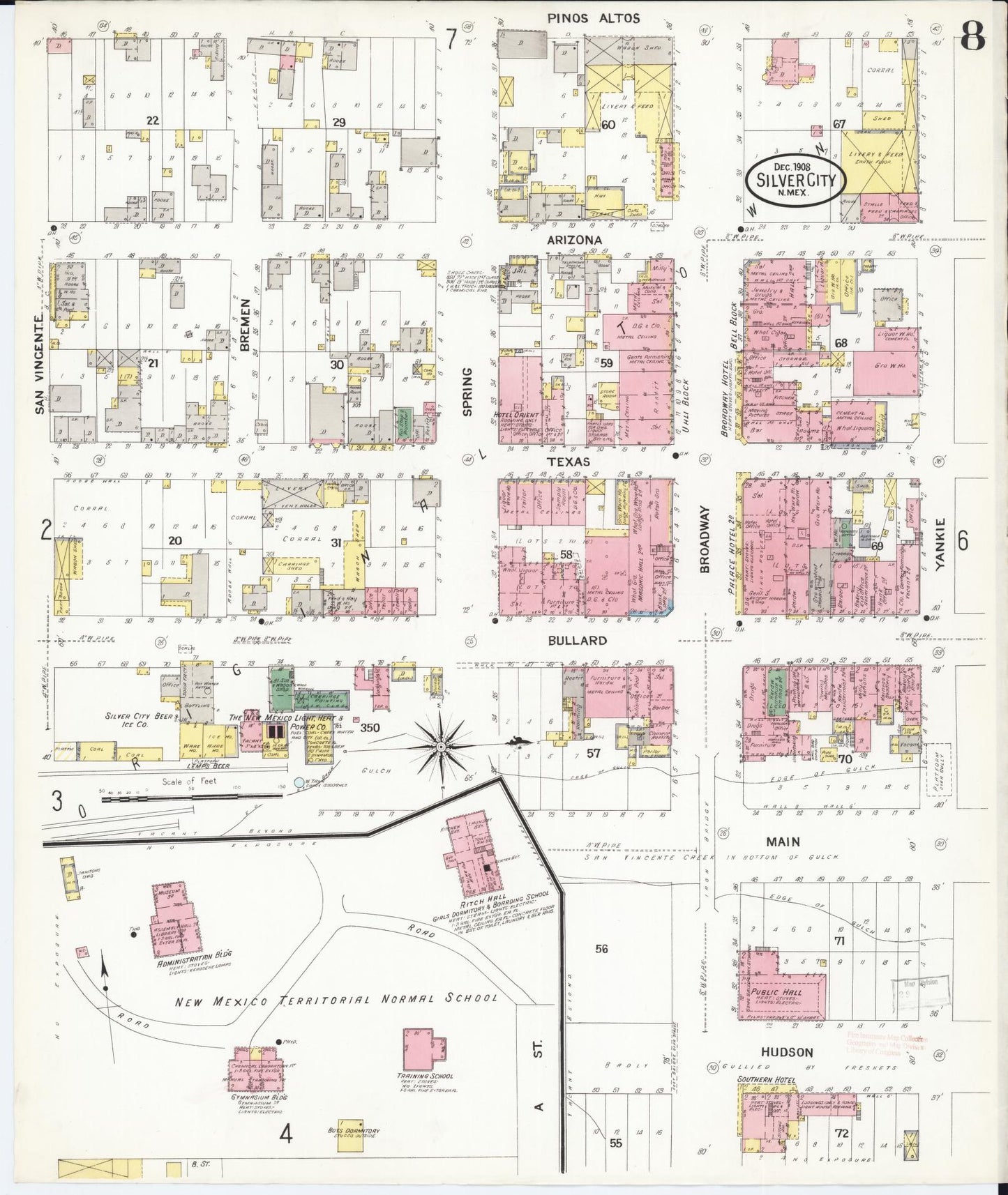 Sanborn Fire Insurance Map from Silver City, Grant County, New Mexico (1908), Sheet #0008 - Historic Sanborn Fire Insurance Map Print, vintage old map wall art, antique decor, genealogy gift, New Mexico New Mexico map
