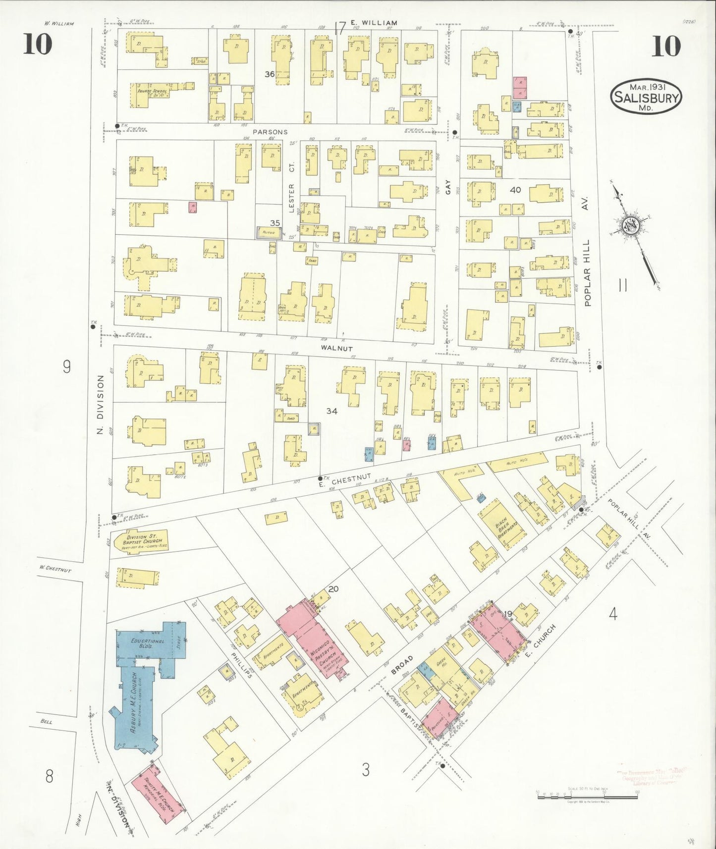 Sanborn Fire Insurance Map from Salisbury, Wicomico County, Maryland (1931), Sheet #0010 - Historic Sanborn Fire Insurance Map Print, vintage old map wall art, antique decor, genealogy gift, Maryland Maryland map
