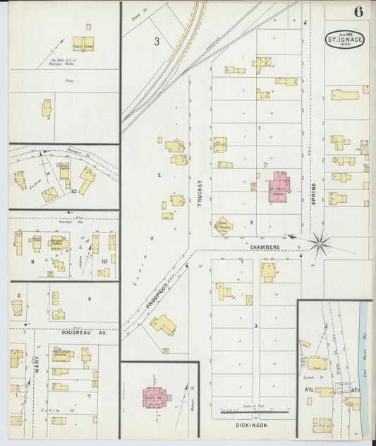 Sanborn Fire Insurance Map from Saint Ignace, Mackinac County, Michigan (1896), Sheet #0006 - Historic Sanborn Fire Insurance Map Print, vintage old map wall art, antique decor, genealogy gift, Michigan Michigan map