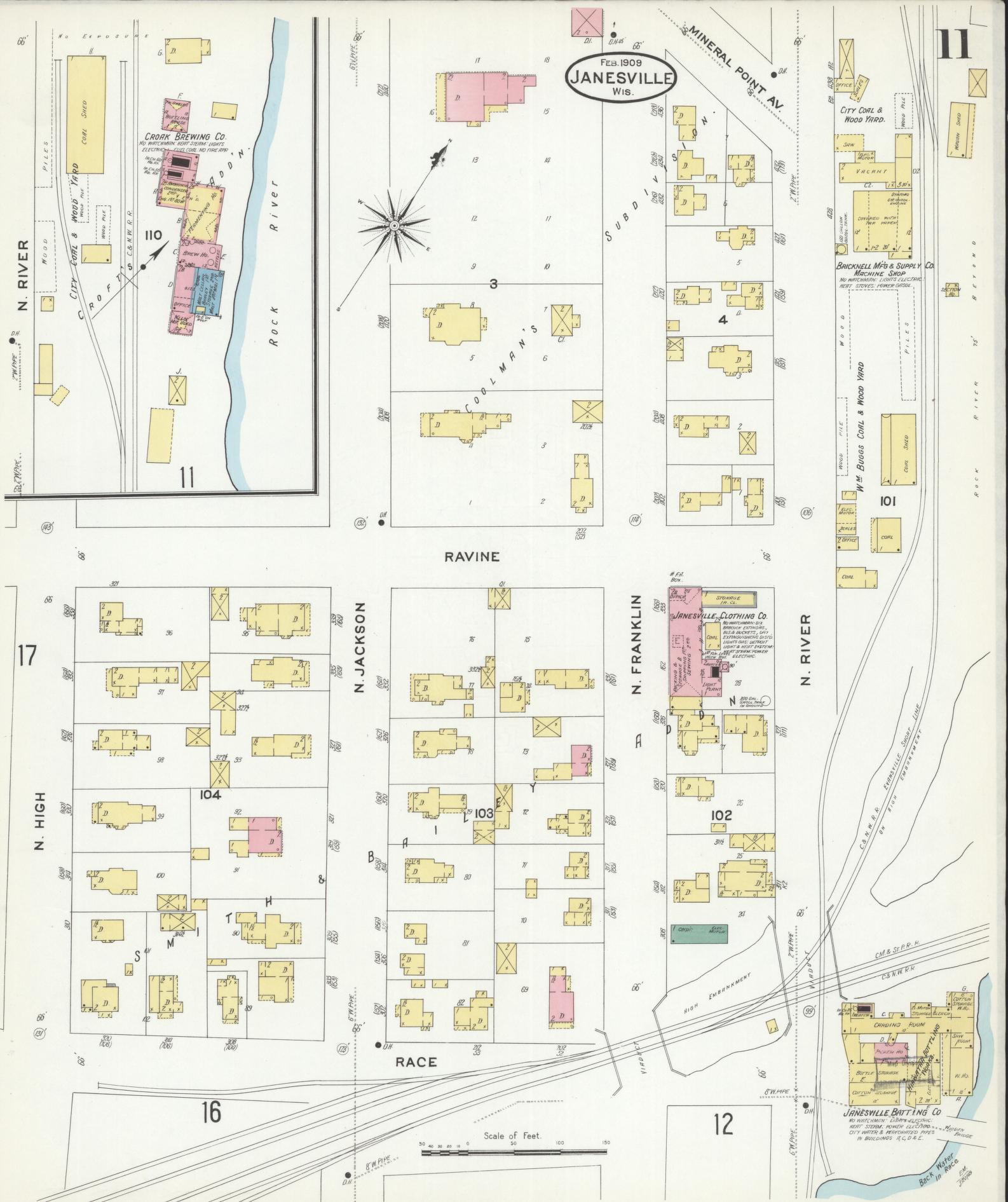 Sanborn Fire Insurance Map from Janesville, Rock County, Wisconsin (1909), Sheet #0011 - Historic Sanborn Fire Insurance Map Print, vintage old map wall art, antique decor, genealogy gift, Wisconsin Wisconsin map