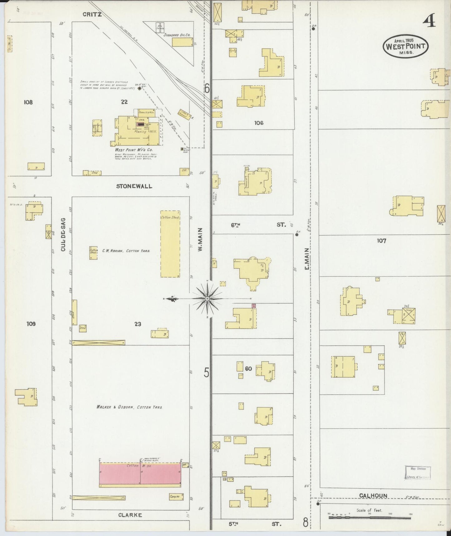 Sanborn Fire Insurance Map from West Point, Clay County, Mississippi (1905), Sheet #0004 - Complete Map Set gallery image, historic Sanborn map, vintage wall art, Mississippi Mississippi
