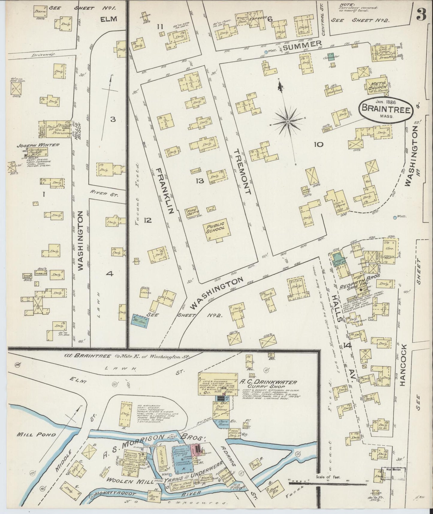 Sanborn Fire Insurance Map from Braintree, Norfolk County, Massachusetts (1886), Sheet #0003 - Complete Map Set gallery image, historic Sanborn map, vintage wall art, Massachusetts Massachusetts