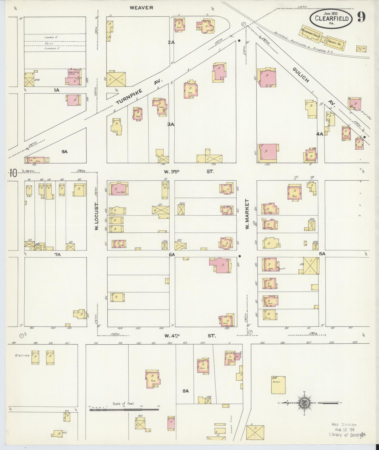 Sanborn Fire Insurance Map from Clearfield, Clearfield County, Pennsylvania (1911), Sheet #0009 - Historic Sanborn Fire Insurance Map Print, vintage old map wall art, antique decor, genealogy gift, Pennsylvania Pennsylvania map
