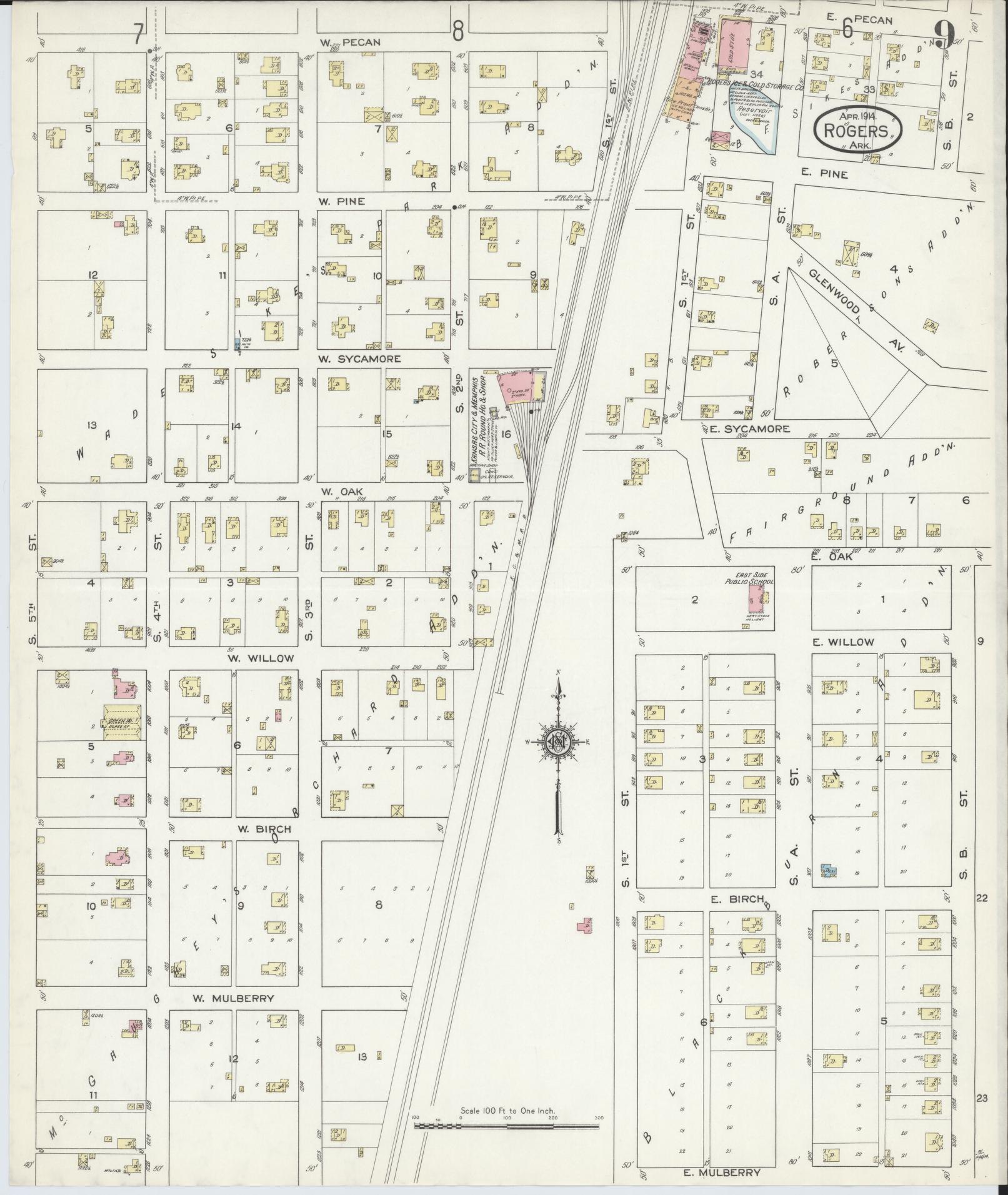 Sanborn Fire Insurance Map from Rogers, Benton County, Arkansas (1914), Sheet #0009 - Complete Map Set gallery image, historic Sanborn map, vintage wall art, Arkansas Arkansas