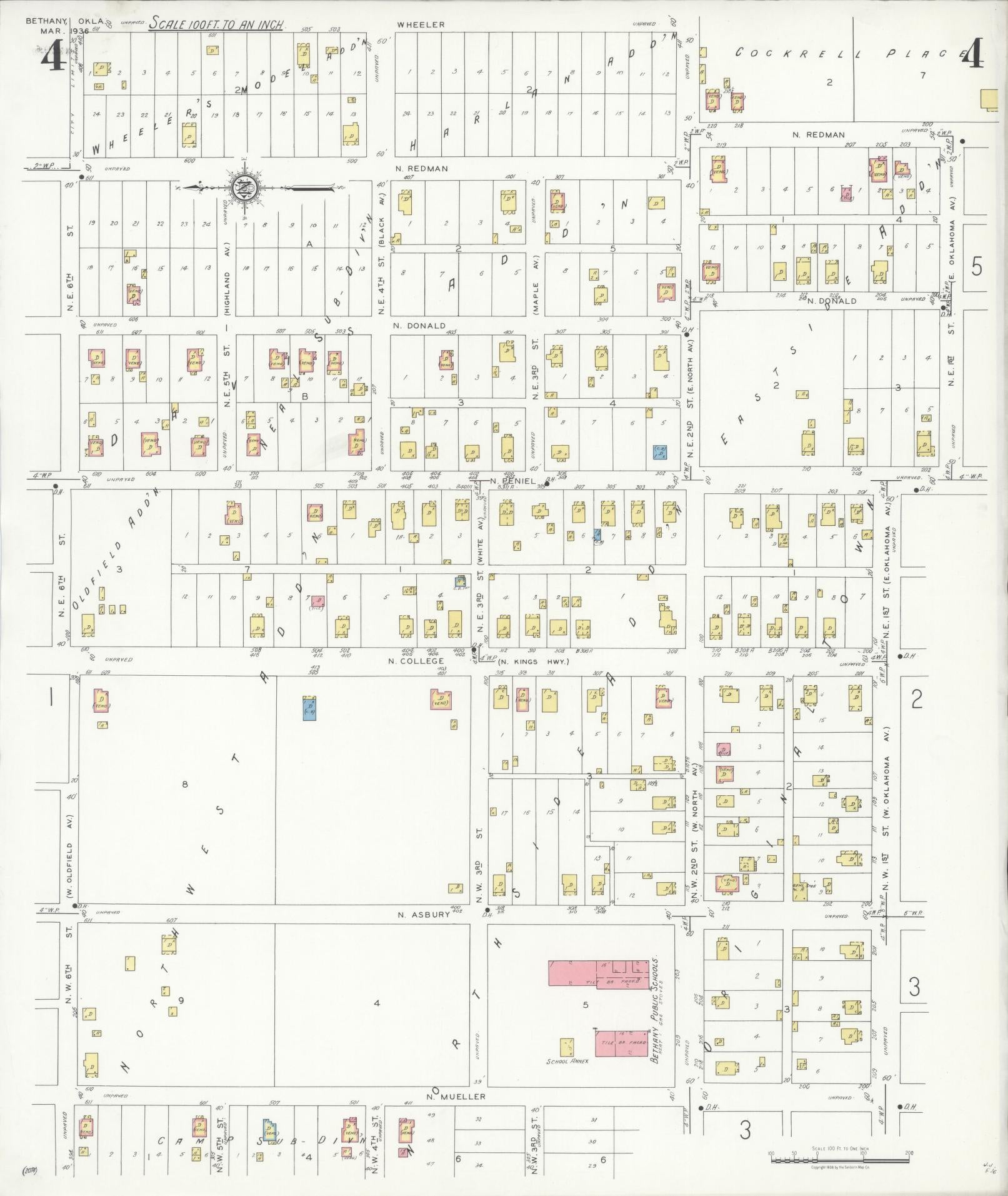 Sanborn Fire Insurance Map from Bethany, Oklahoma County, Oklahoma (1936), Sheet #0004 - Historic Sanborn Fire Insurance Map Print, vintage old map wall art, antique decor, genealogy gift, Bethany Oklahoma map