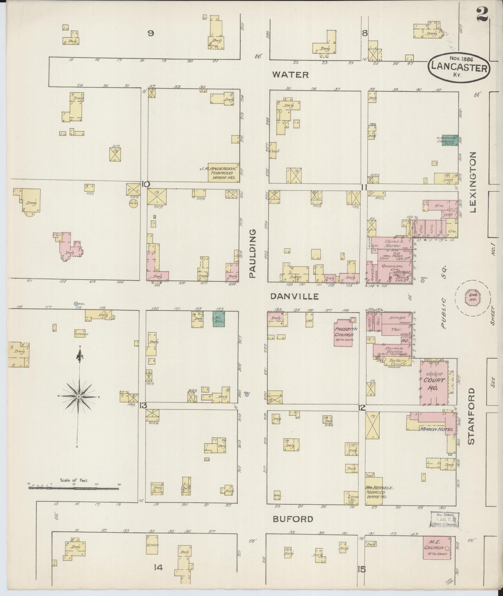 Sanborn Fire Insurance Map from Lancaster, Garrard County, Kentucky (1886), Sheet #0002 - Complete Map Set gallery image, historic Sanborn map, vintage wall art, Kentucky Kentucky