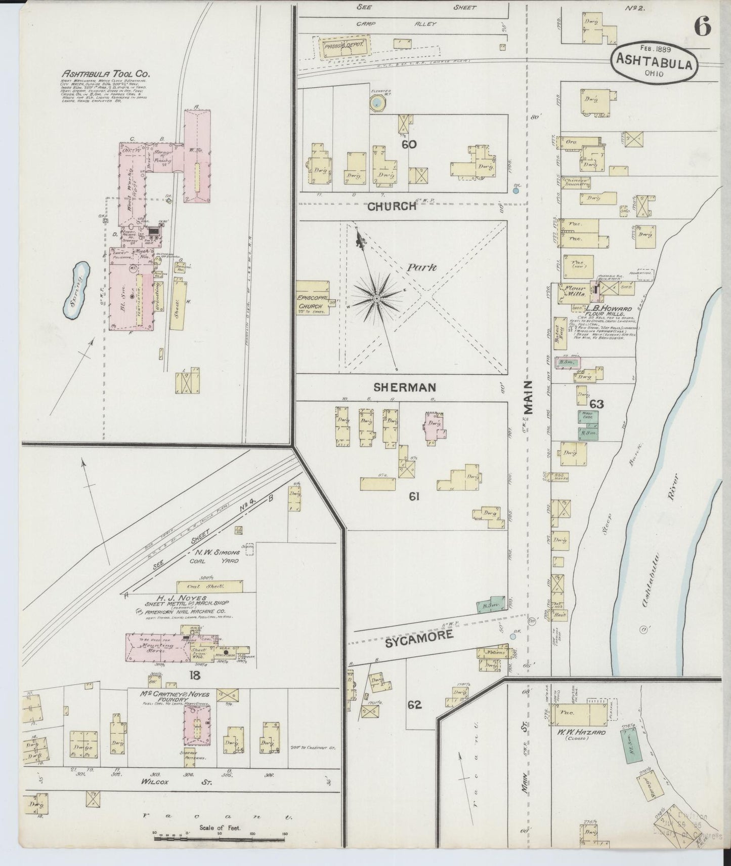 Sanborn Fire Insurance Map from Ashtabula, Ashtabula County, Ohio (1889), Sheet #0006 - Historic Sanborn Fire Insurance Map Print, vintage old map wall art, antique decor, genealogy gift, Ohio Ohio map
