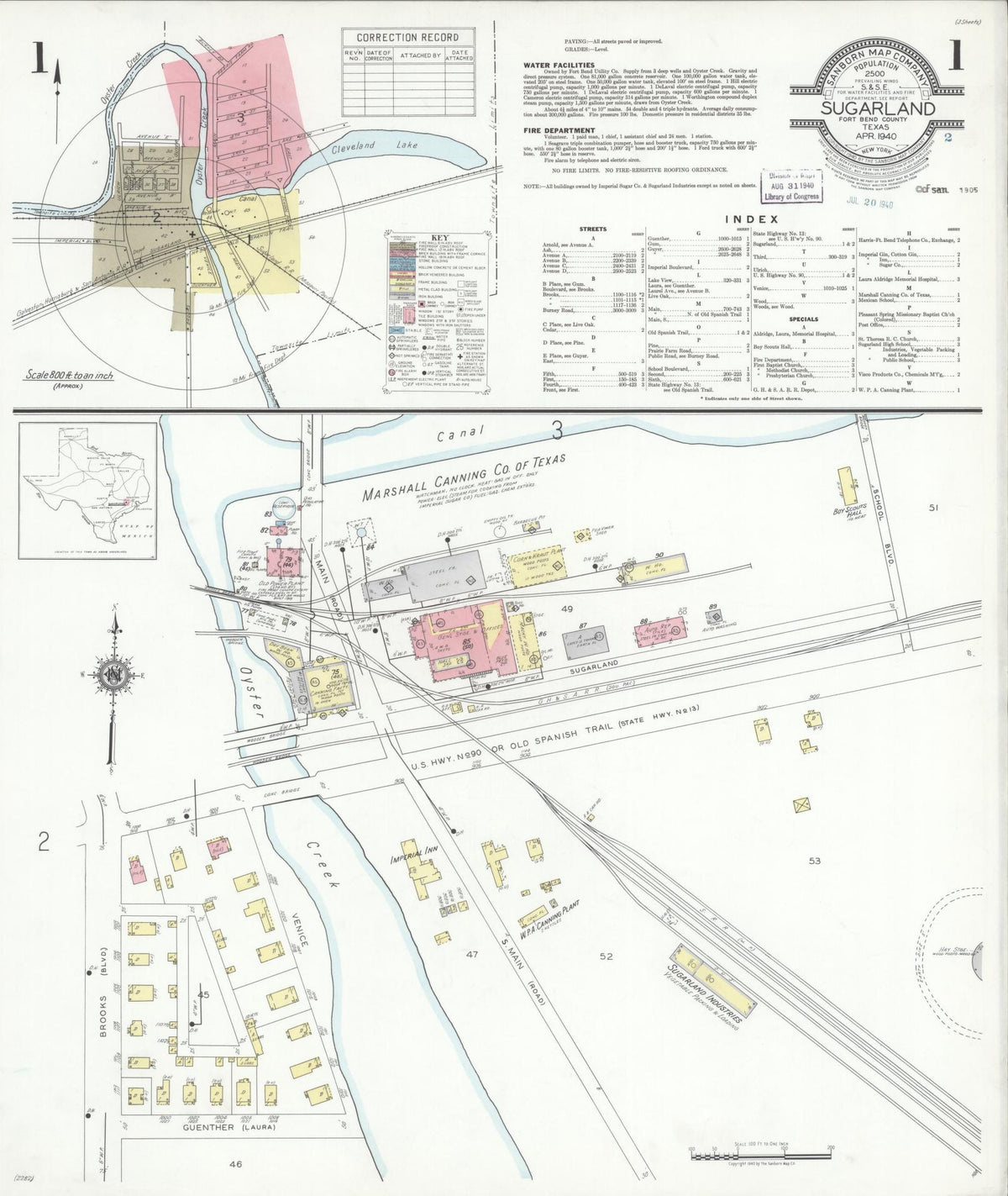 Sanborn Fire Insurance Map from Sugarland, Fort Bend County, Texas (1940), Sheet #0001 - Historic Sanborn Fire Insurance Map Print, vintage old map wall art, antique decor, genealogy gift, Texas Texas map