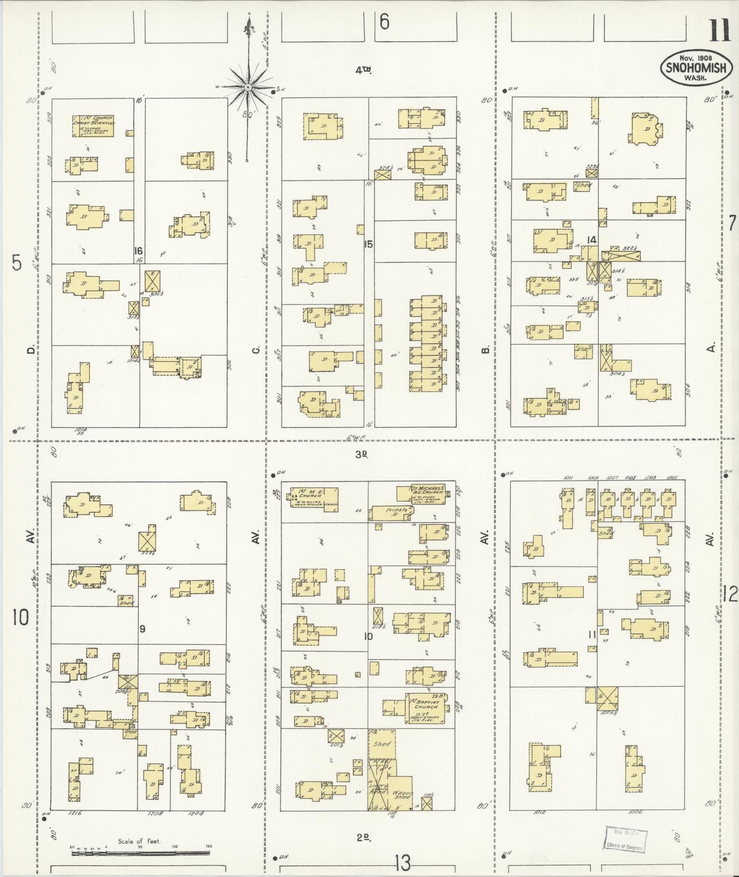 Sanborn Fire Insurance Map from Snohomish, Snohomish County, Washington (1908), Sheet #0011 - Complete Map Set gallery image, historic Sanborn map, vintage wall art, Washington Washington