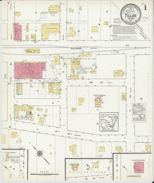 Sanborn Fire Insurance Map from Tillar, Drew County, Arkansas (1917), Sheet #0001 - Historic Sanborn Fire Insurance Map Print, vintage old map wall art, antique decor, genealogy gift, Arkansas Arkansas map