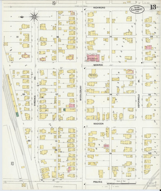 Sanborn Fire Insurance Map from Elkhart, Elkhart County, Indiana (1901), Sheet #0013 - Historic Sanborn Fire Insurance Map Print, vintage old map wall art, antique decor, genealogy gift, Indiana Indiana map