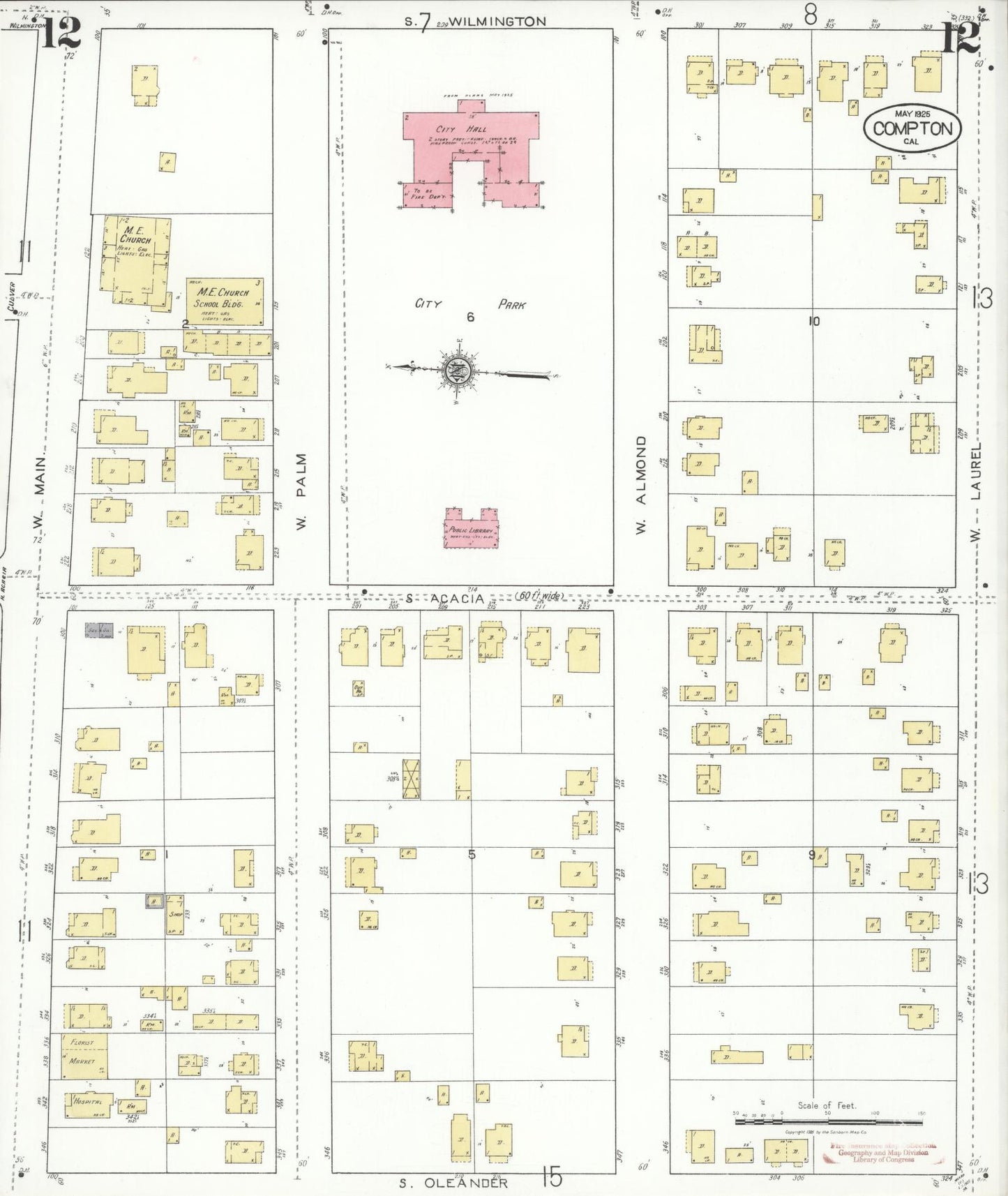 Sanborn Fire Insurance Map from Compton, Los Angeles County, California (1925), Sheet #0012 - Historic Sanborn Fire Insurance Map Print, vintage old map wall art, antique decor, genealogy gift, California California map