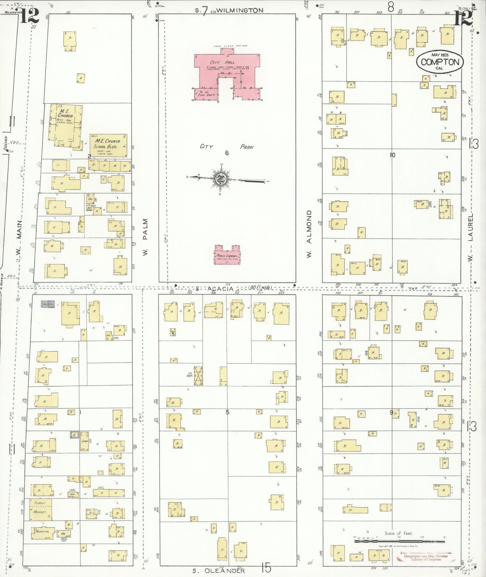 Sanborn Fire Insurance Map from Compton, Los Angeles County, California (1925), Sheet #0012 - Historic Sanborn Fire Insurance Map Print, vintage old map wall art, antique decor, genealogy gift, California California map