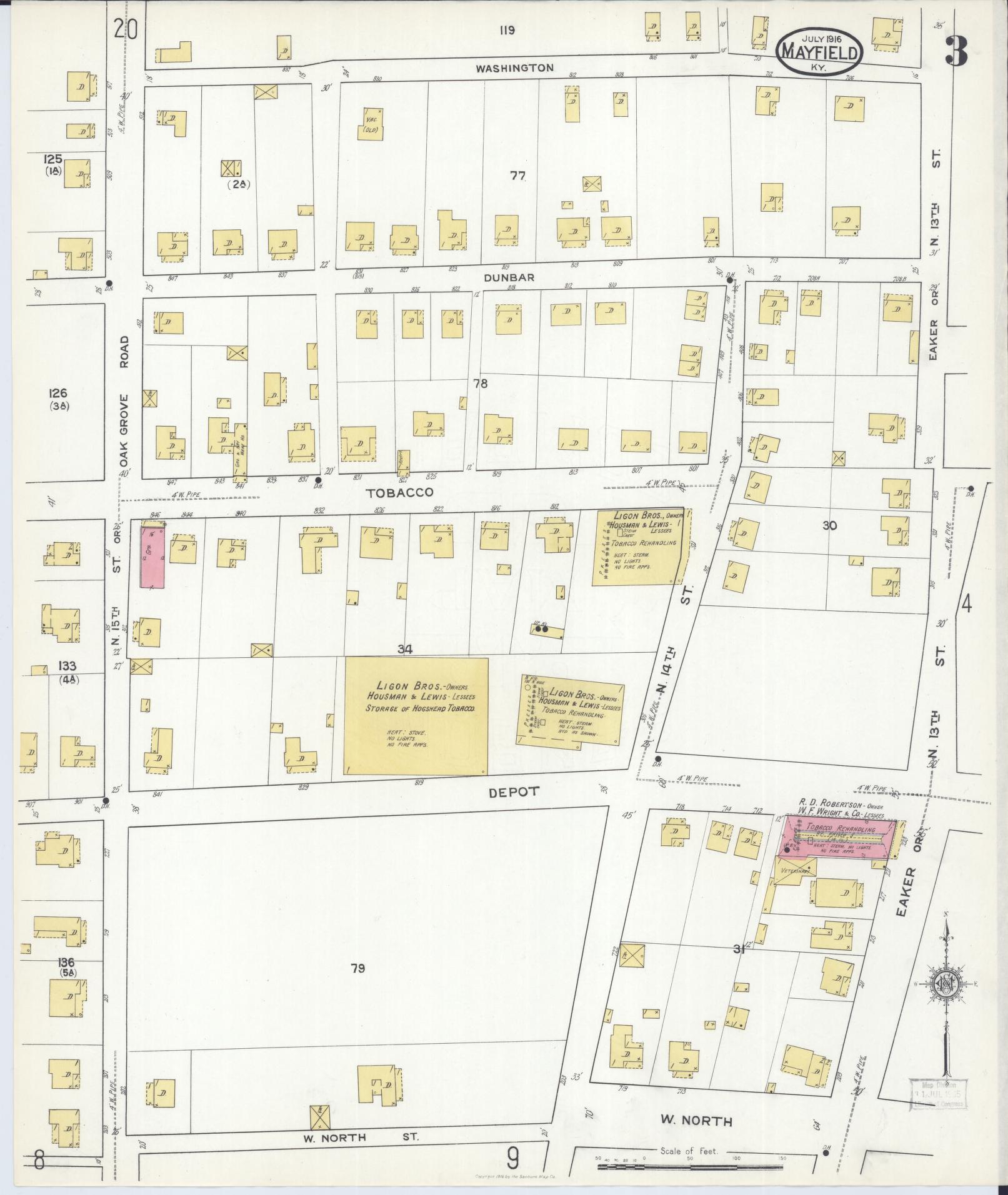 Sanborn Fire Insurance Map from Mayfield, Graves County, Kentucky (1916), Sheet #0003 - Complete Map Set gallery image, historic Sanborn map, vintage wall art, Kentucky Kentucky