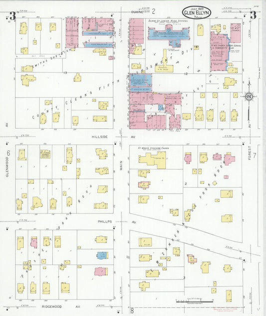 Sanborn Fire Insurance Map from Glen Ellyn, Du Page County, Illinois (1929), Sheet #0003 - Historic Sanborn Fire Insurance Map Print, vintage old map wall art, antique decor, genealogy gift, Illinois Illinois map