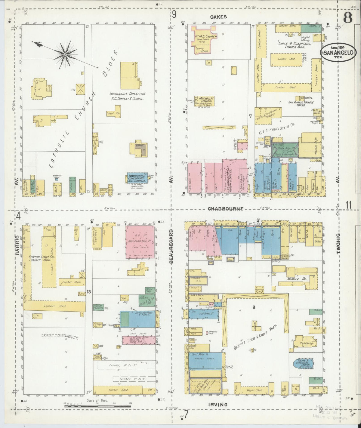Sanborn Fire Insurance Map from San Angelo, Tom Green County, Texas (1904), Sheet #0008 - Historic Sanborn Fire Insurance Map Print, vintage old map wall art, antique decor, genealogy gift, Texas Texas map