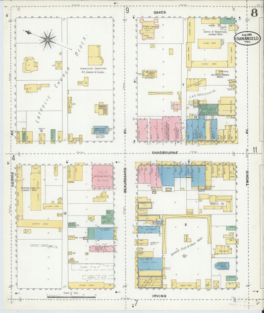 Sanborn Fire Insurance Map from San Angelo, Tom Green County, Texas (1904), Sheet #0008 - Historic Sanborn Fire Insurance Map Print, vintage old map wall art, antique decor, genealogy gift, Texas Texas map