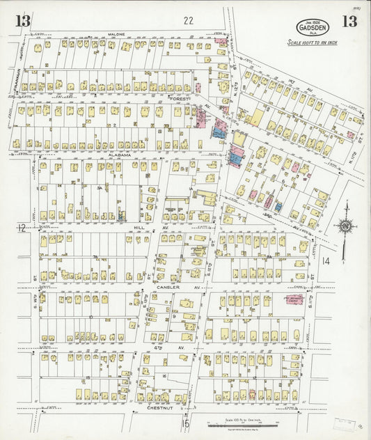 Sanborn Fire Insurance Map from Gadsden, Etowah County, Alabama (1926), Sheet #0013 - Historic Sanborn Fire Insurance Map Print, vintage old map wall art, antique decor, genealogy gift, Alabama Alabama map