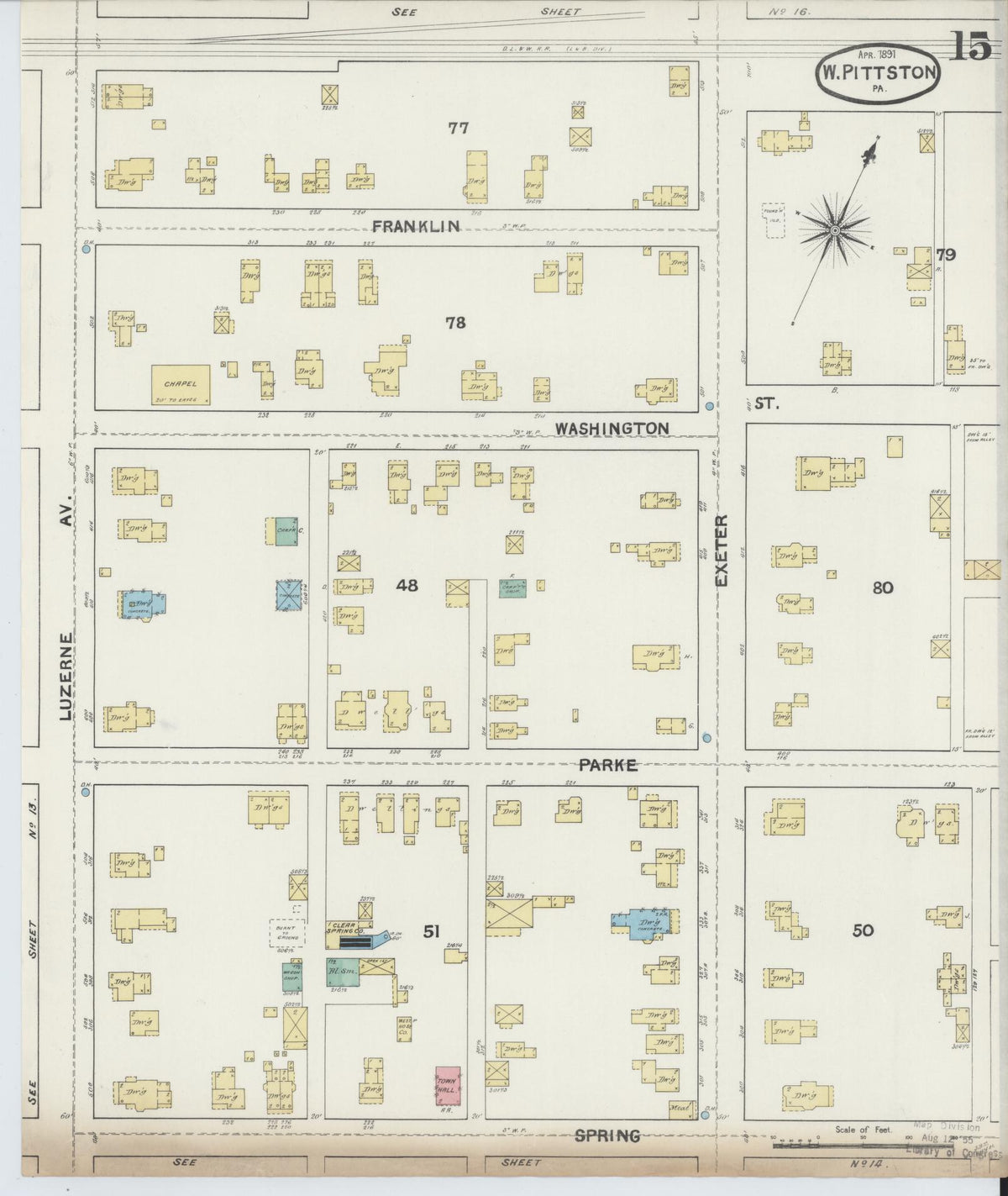 Sanborn Fire Insurance Map from Pittston, Luzerne County, Pennsylvania (1891), Sheet #0015 - Historic Sanborn Fire Insurance Map Print, vintage old map wall art, antique decor, genealogy gift, Pennsylvania Pennsylvania map