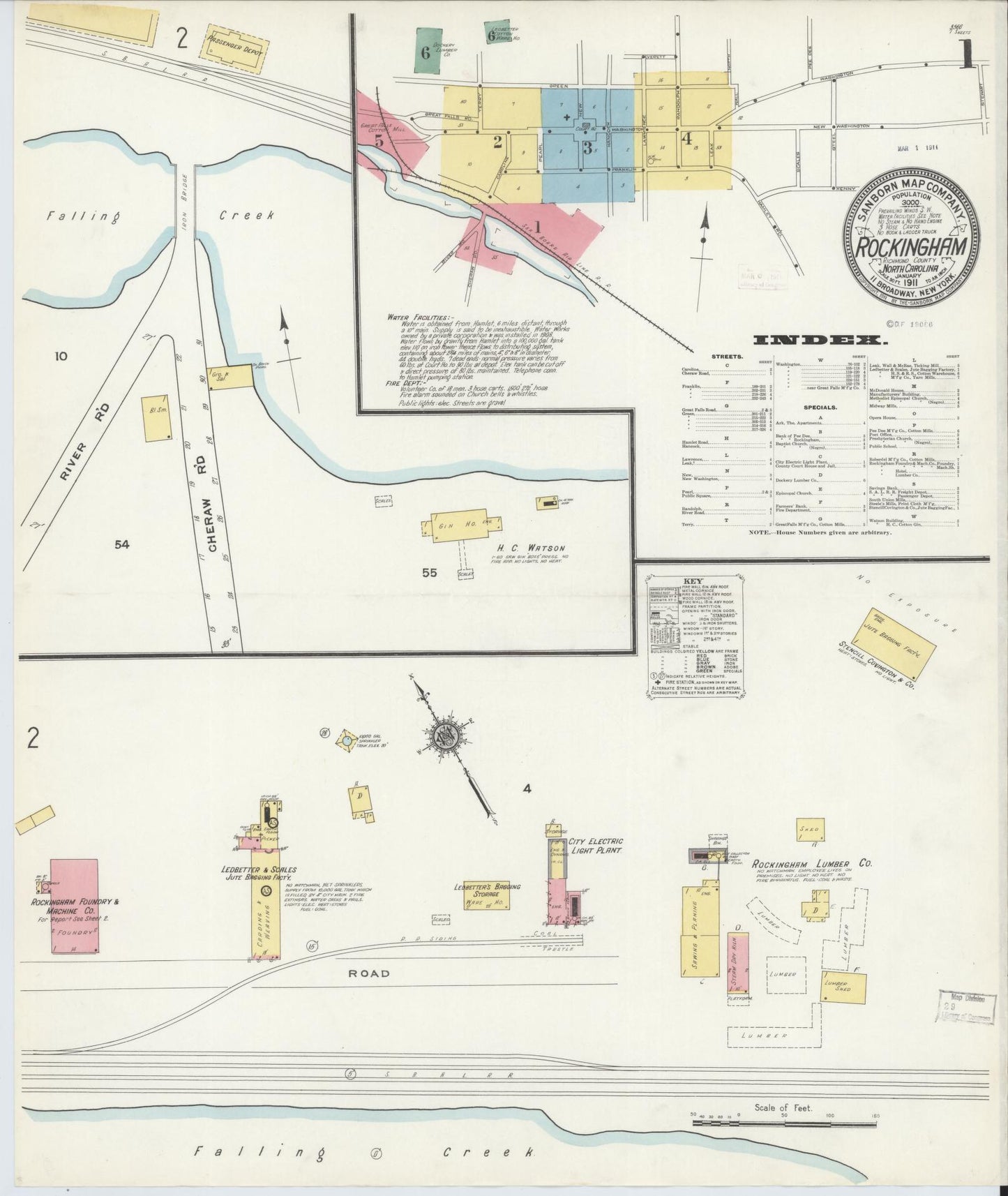 Sanborn Fire Insurance Map from Rockingham, Richmond County, North Carolina (1911), Sheet #0001 - Historic Sanborn Fire Insurance Map Print, vintage old map wall art, antique decor, genealogy gift, North Carolina North Carolina map