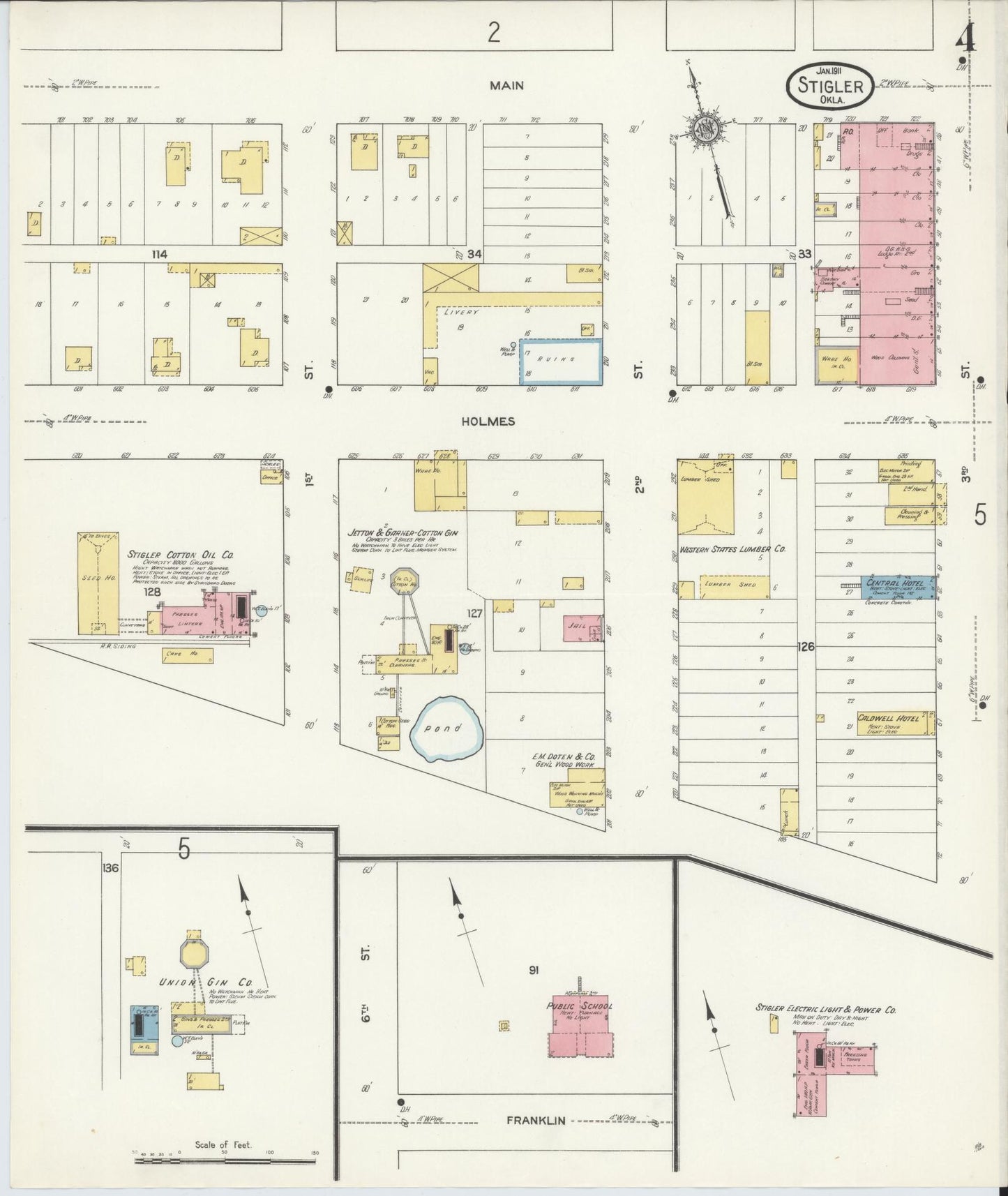 Sanborn Fire Insurance Map from Stigler, Haskell County, Oklahoma (1911), Sheet #0004 - Complete Map Set gallery image, historic Sanborn map, vintage wall art, Oklahoma Oklahoma