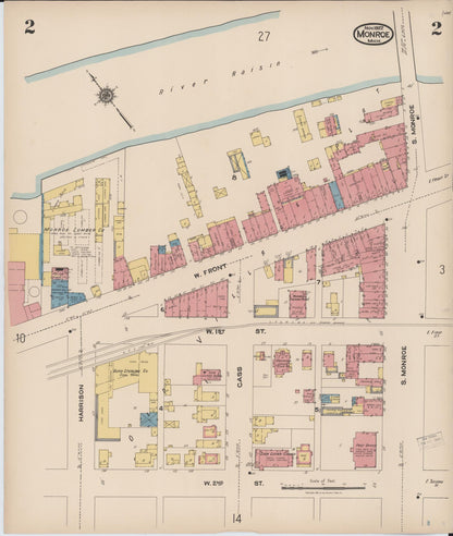Sanborn Fire Insurance Map from Monroe, Monroe County, Michigan (1922), Sheet #0002 - Historic Sanborn Fire Insurance Map Print, vintage old map wall art, antique decor, genealogy gift, Michigan Michigan map