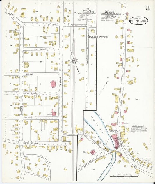 Sanborn Fire Insurance Map from White River Junction, Windsor County, Vermont (1917), Sheet #0008 - Historic Sanborn Fire Insurance Map Print, vintage old map wall art, antique decor, genealogy gift, Vermont Vermont map