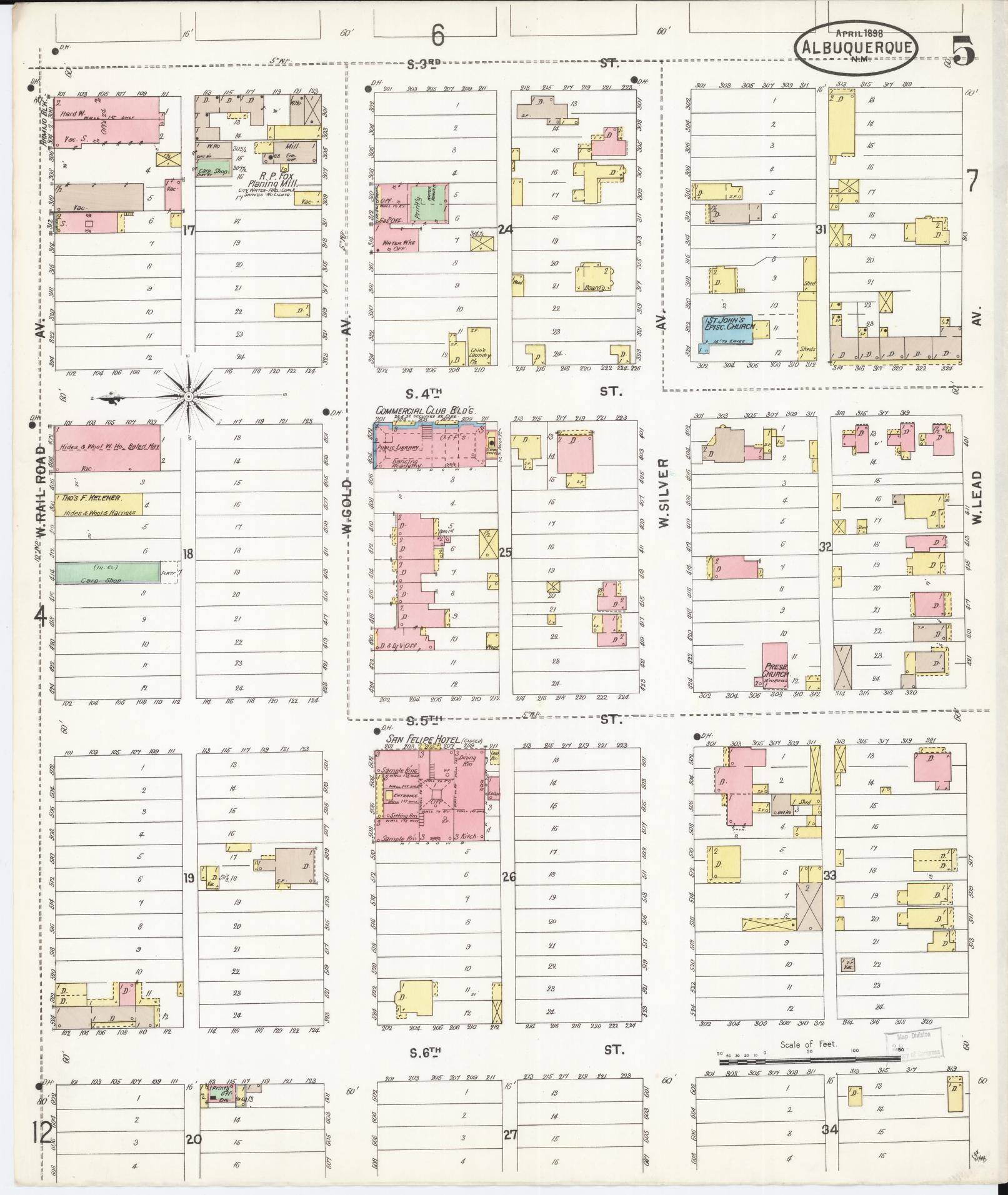 Sanborn Fire Insurance Map from Albuquerque, Bernalillo County, New Mexico (1898), Sheet #0005 - Complete Map Set gallery image, historic Sanborn map, vintage wall art, New Mexico New Mexico