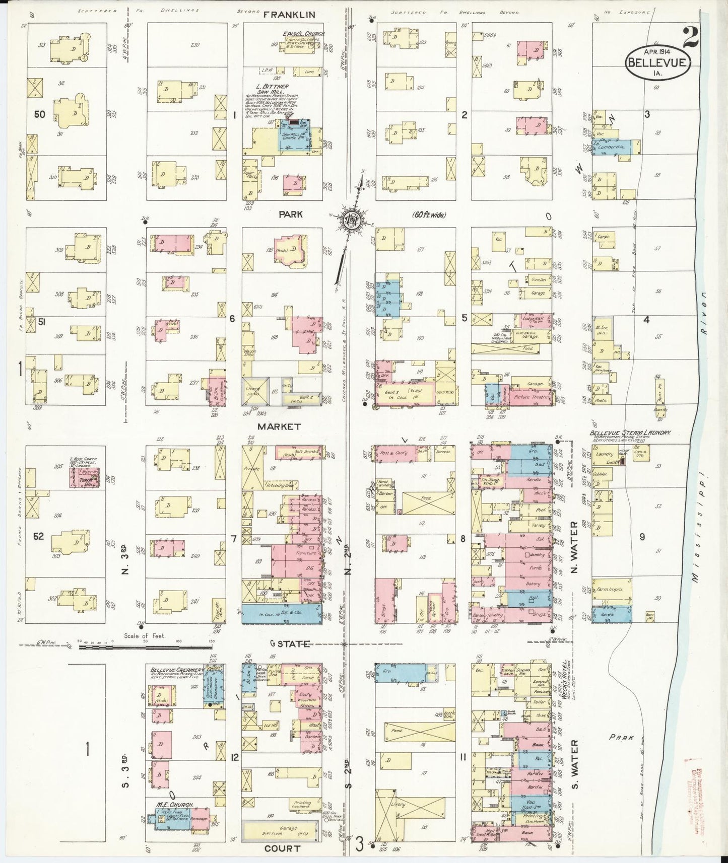 Sanborn Fire Insurance Map from Bellevue, Jackson County, Iowa (1914), Sheet #0002 - Historic Sanborn Fire Insurance Map Print, vintage old map wall art