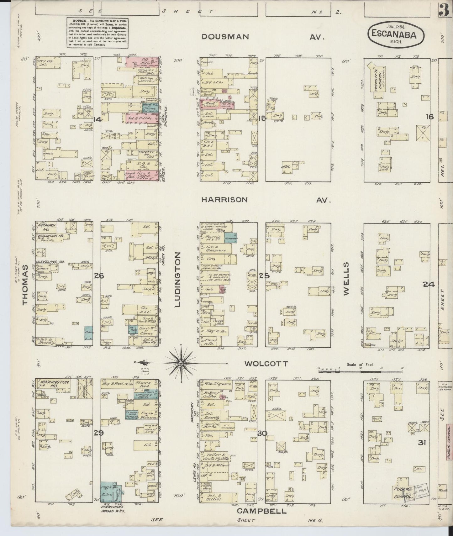 Sanborn Fire Insurance Map from Escanaba, Delta County, Michigan (1884), Sheet #0003 - Complete Map Set gallery image, historic Sanborn map, vintage wall art, Michigan Michigan