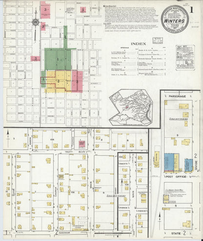 Sanborn Fire Insurance Map from Winters, Runnels County, Texas (1917), Sheet #0001 - Historic Sanborn Fire Insurance Map Print, vintage old map wall art, antique decor, genealogy gift, Texas Texas map