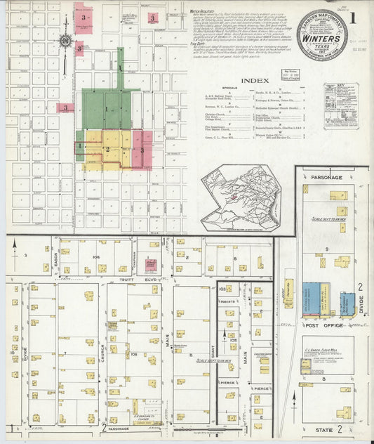 Sanborn Fire Insurance Map from Winters, Runnels County, Texas (1917), Sheet #0001 - Historic Sanborn Fire Insurance Map Print, vintage old map wall art, antique decor, genealogy gift, Texas Texas map