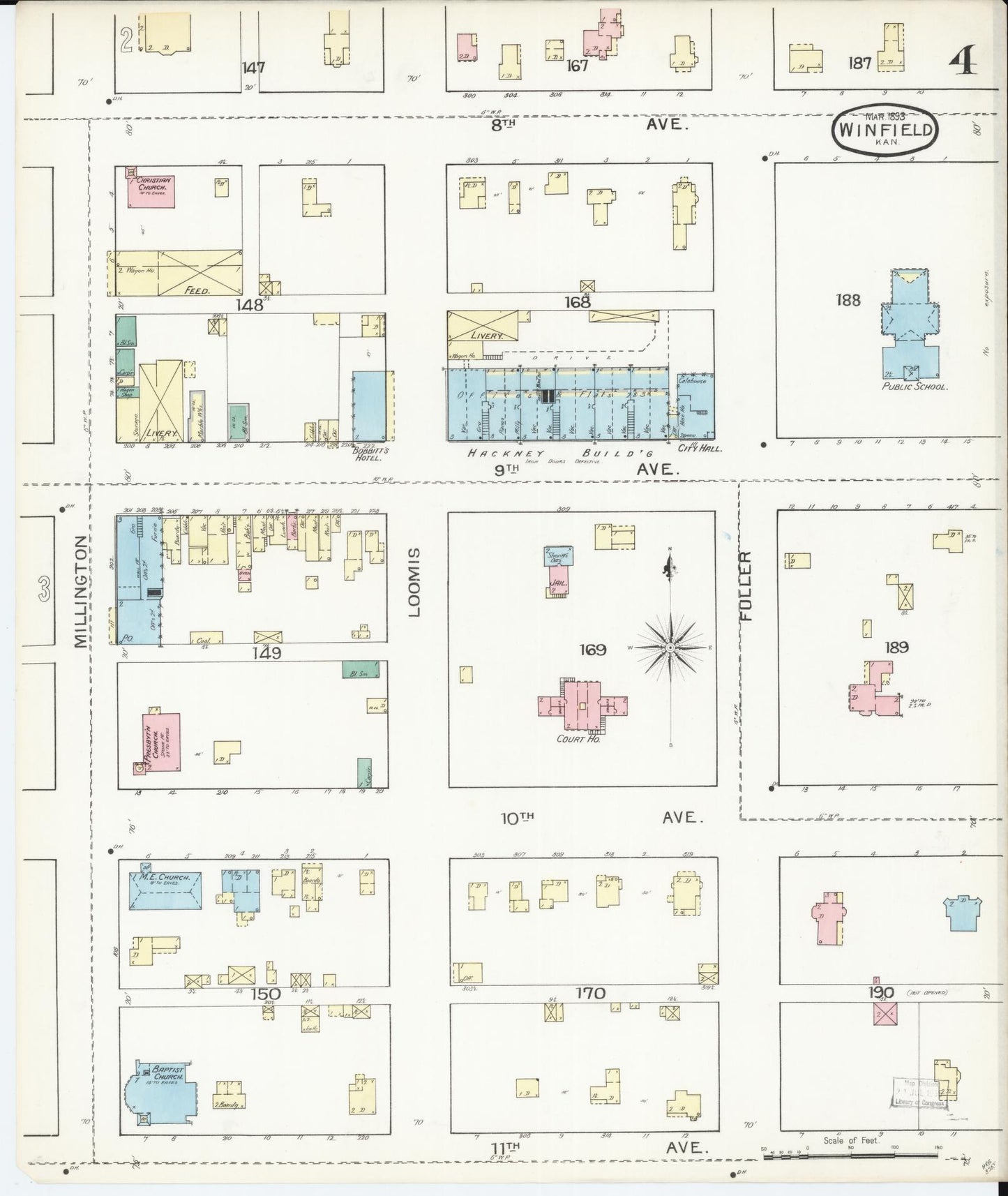 Sanborn Fire Insurance Map from Winfield, Cowley County, Kansas (1893), Sheet #0004 - Historic Sanborn Fire Insurance Map Print, vintage old map wall art, antique decor, genealogy gift, Kansas Kansas map