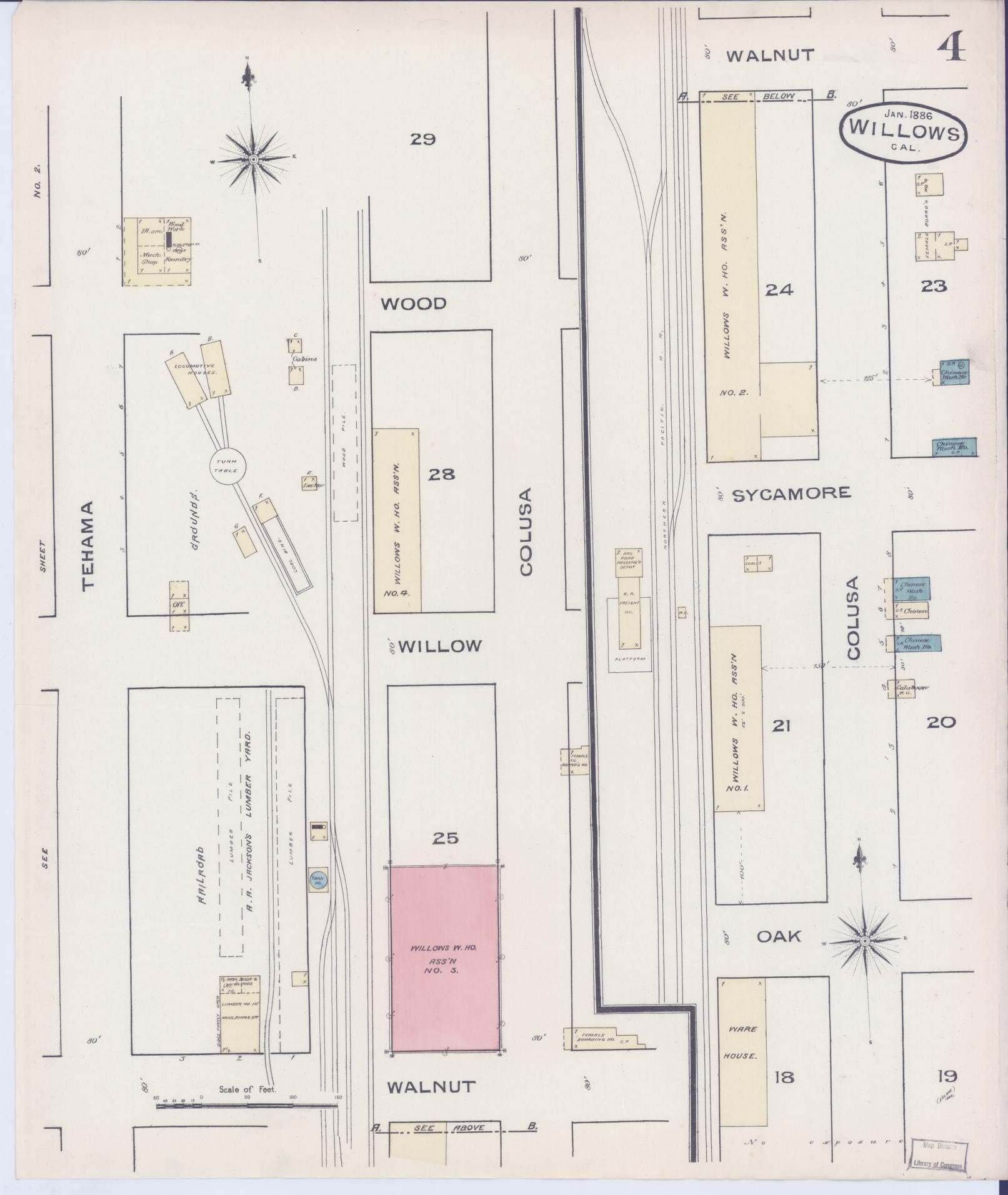 Sanborn Fire Insurance Map from Willows, Glenn County, California (1886), Sheet #0004 - Complete Map Set gallery image, historic Sanborn map, vintage wall art, California California