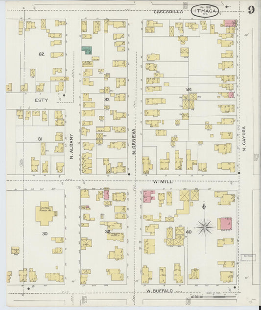 Sanborn Fire Insurance Map from Ithaca, Tompkins County, New York (1893), Sheet #0009 - Historic Sanborn Fire Insurance Map Print, vintage old map wall art, antique decor, genealogy gift, New York New York map