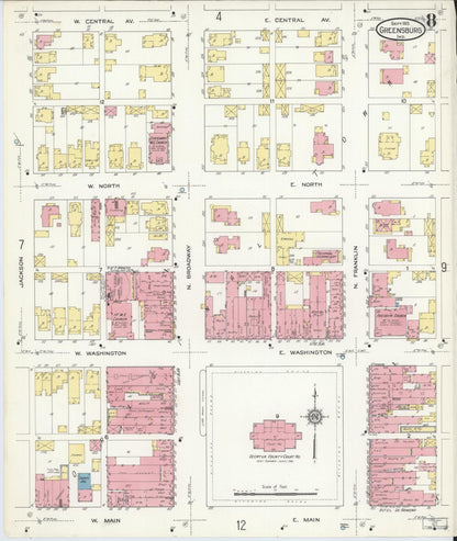 Sanborn Fire Insurance Map from Greensburg, Decatur County, Indiana (1913), Sheet #0008 - Complete Map Set gallery image, historic Sanborn map, vintage wall art, Indiana Indiana