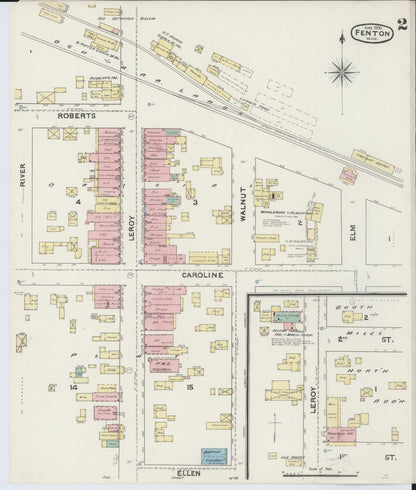 Sanborn Fire Insurance Map from Fenton, Genesee County, Michigan (1890), Sheet #0002 - Complete Map Set gallery image, historic Sanborn map, vintage wall art, Michigan Michigan