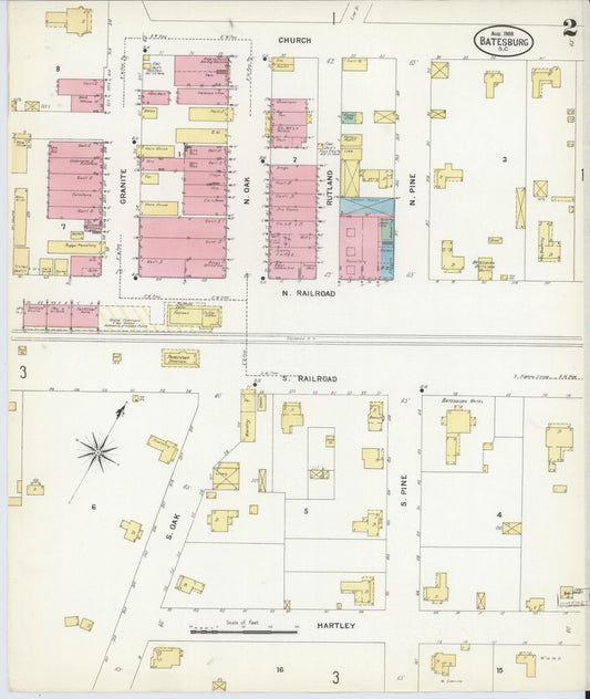 Sanborn Fire Insurance Map from Batesburg, Lexington And Saluda Counties, South Carolina (1908), Sheet #0002 - Historic Sanborn Fire Insurance Map Print, vintage old map wall art, antique decor, genealogy gift, South Carolina South Carolina map