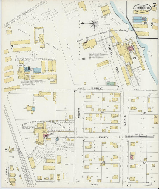 Sanborn Fire Insurance Map from Huntington, Huntington County, Indiana (1898), Sheet #0007 - Historic Sanborn Fire Insurance Map Print, vintage old map wall art, antique decor, genealogy gift, Indiana Indiana map