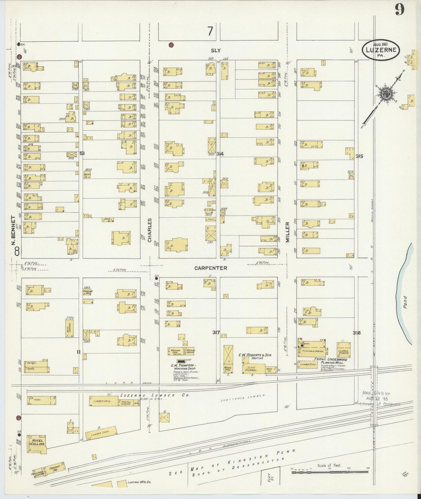 Sanborn Fire Insurance Map from Luzerne, Luzerne County, Pennsylvania (1911), Sheet #0009 - Historic Sanborn Fire Insurance Map Print, vintage old map wall art, antique decor, genealogy gift, Pennsylvania Pennsylvania map