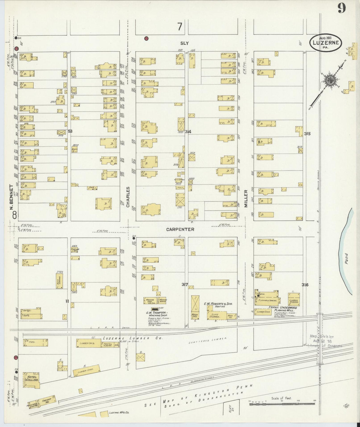 Sanborn Fire Insurance Map from Luzerne, Luzerne County, Pennsylvania (1911), Sheet #0009 - Historic Sanborn Fire Insurance Map Print, vintage old map wall art, antique decor, genealogy gift, Pennsylvania Pennsylvania map