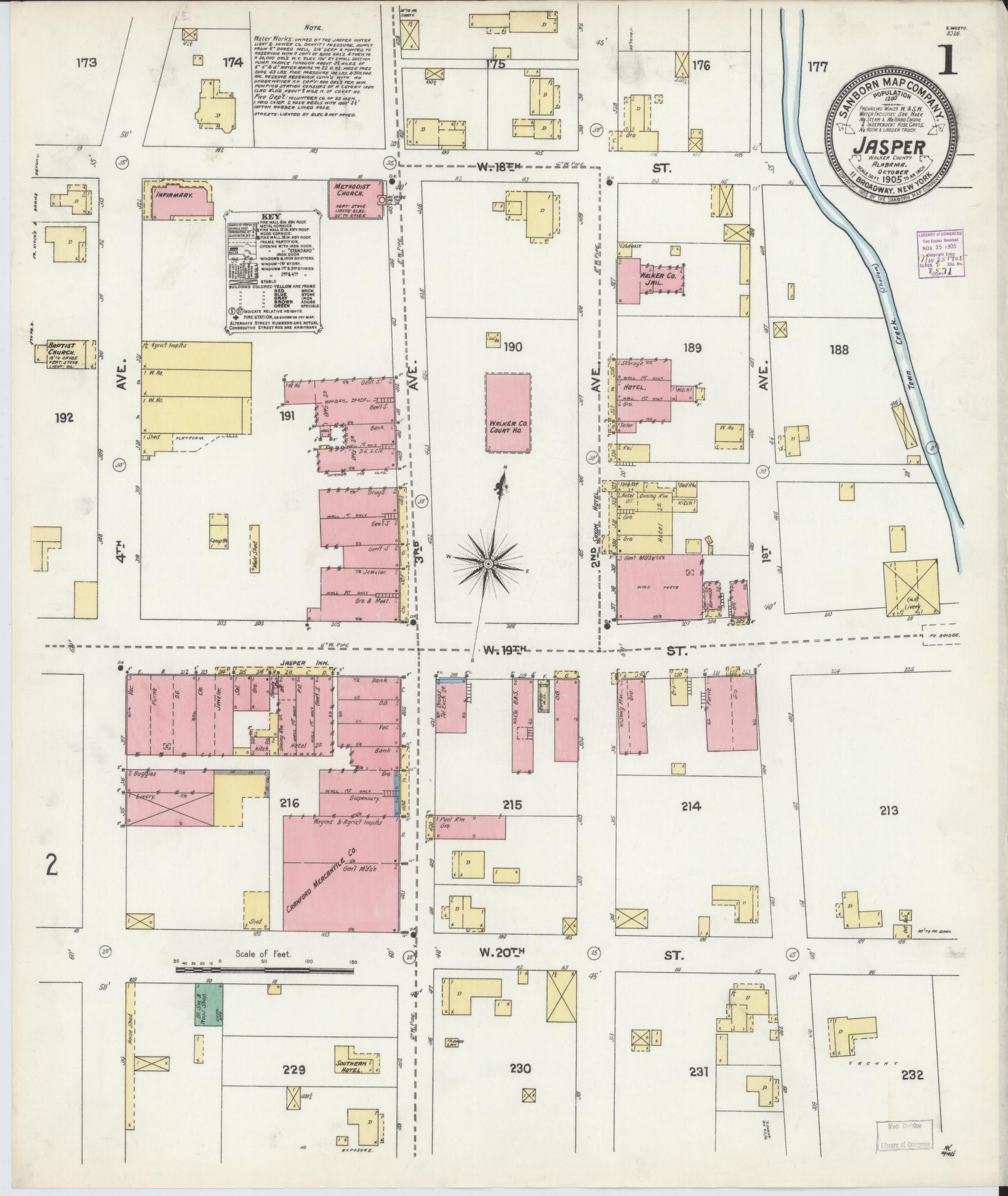 Sanborn Fire Insurance Map from Jasper, Walker County, Alabama (1905), Sheet #0001 - Historic Sanborn Fire Insurance Map Print, vintage old map wall art, antique decor, genealogy gift, Alabama Alabama map